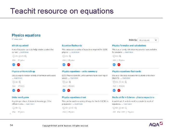 Teachit resource on equations www. teachitscience. co. uk/ks 4 -physics/physics-equations/tags/4282 54 Copyright © AQA