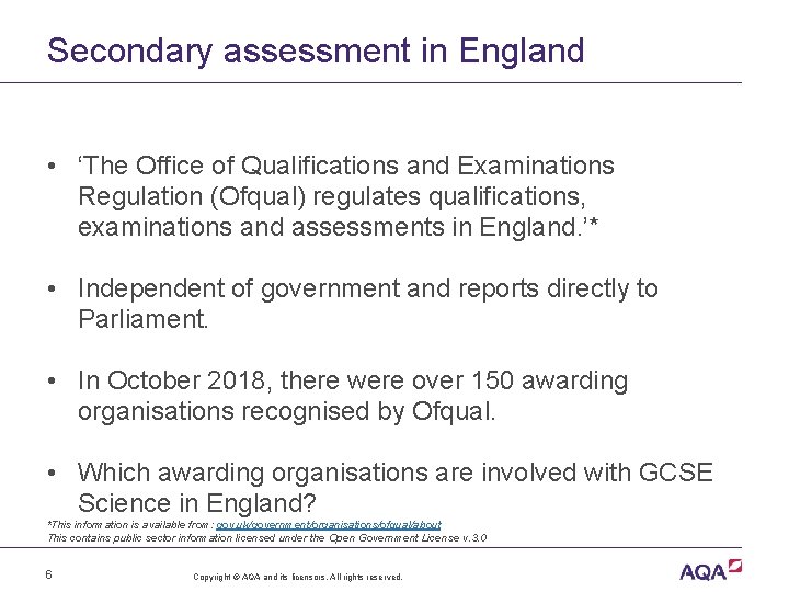 Secondary assessment in England • ‘The Office of Qualifications and Examinations Regulation (Ofqual) regulates