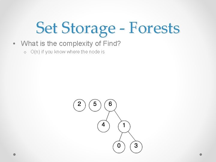 Set Storage - Forests • What is the complexity of Find? o O(n) if
