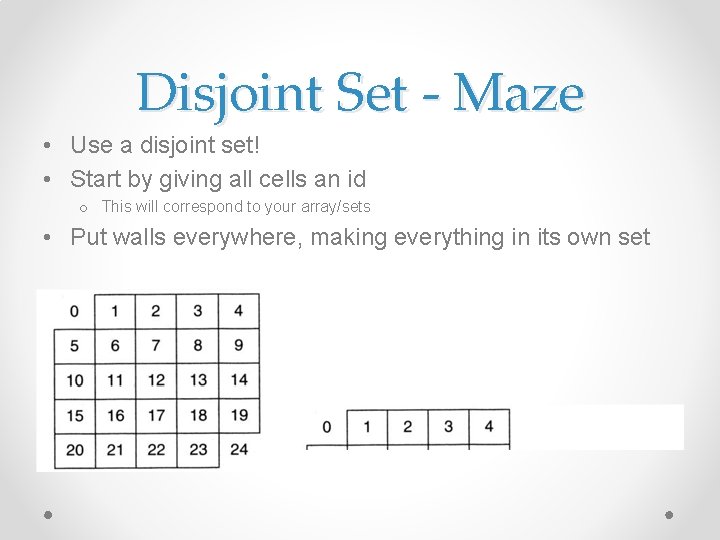 Disjoint Set - Maze • Use a disjoint set! • Start by giving all