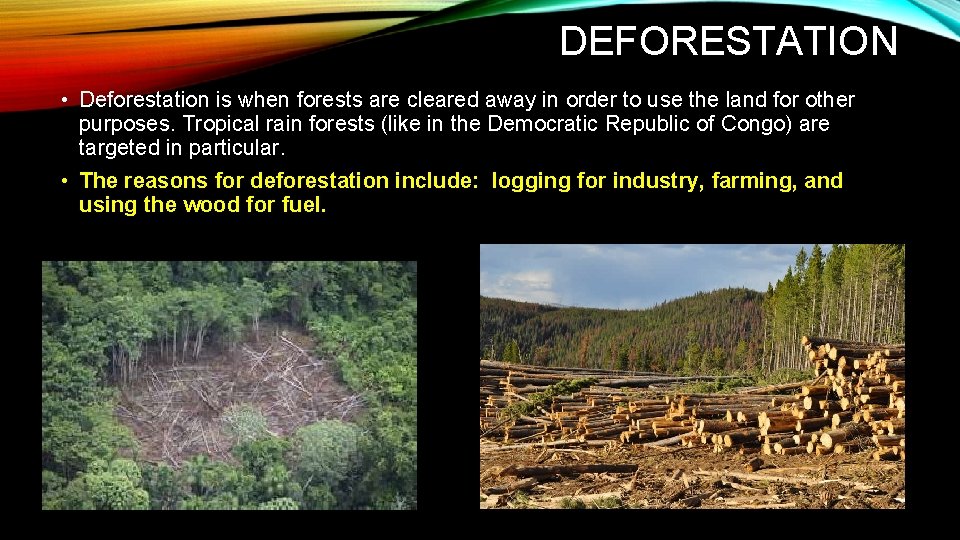 DEFORESTATION • Deforestation is when forests are cleared away in order to use the