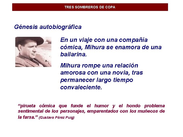 TRES SOMBREROS DE COPA Génesis autobiográfica En un viaje con una compañía cómica, Mihura