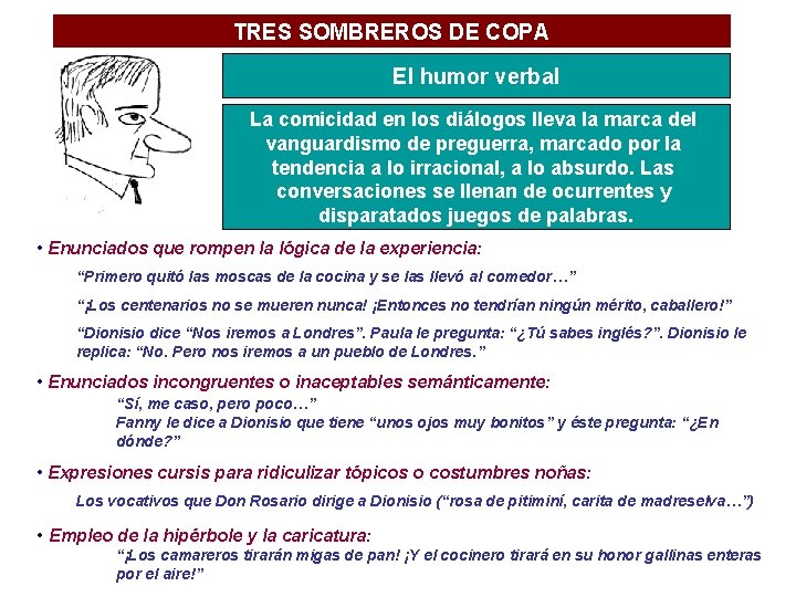 TRES SOMBREROS DE COPA El humor verbal La comicidad en los diálogos lleva la