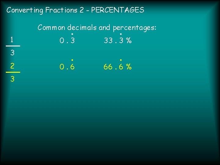 Converting Fractions 2 - PERCENTAGES . . Common decimals and percentages: 1 0. 3