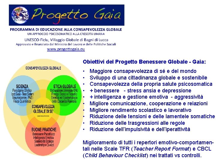 Obiettivi del Progetto Benessere Globale - Gaia: • • • Maggiore consapevolezza di sé