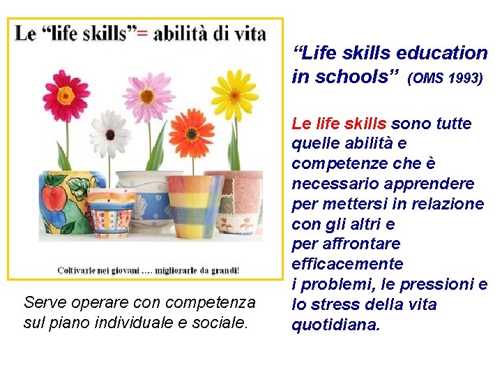“Life skills education in schools” (OMS 1993) Serve operare con competenza sul piano individuale