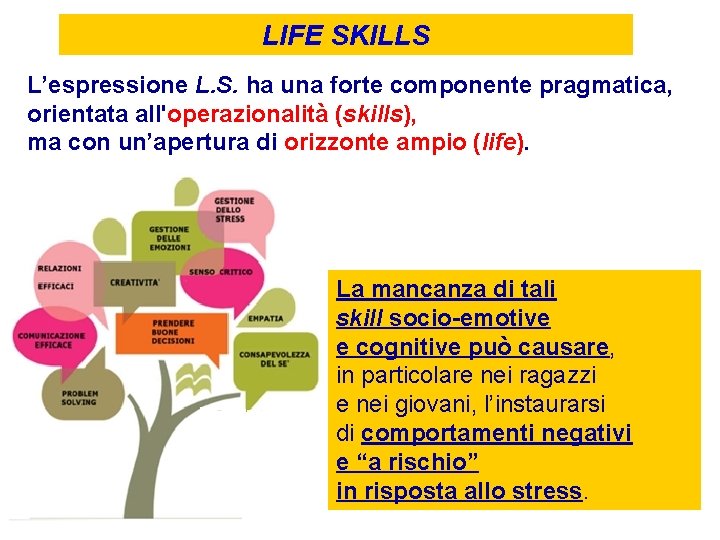 LIFE SKILLS L’espressione L. S. ha una forte componente pragmatica, orientata all'operazionalità (skills), ma