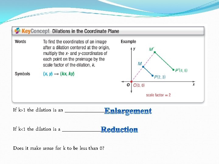 If k>1 the dilation is an _________ If k<1 the dilation is a _________ If k>1 the dilation is an _________ If k<1 the dilation is a _________