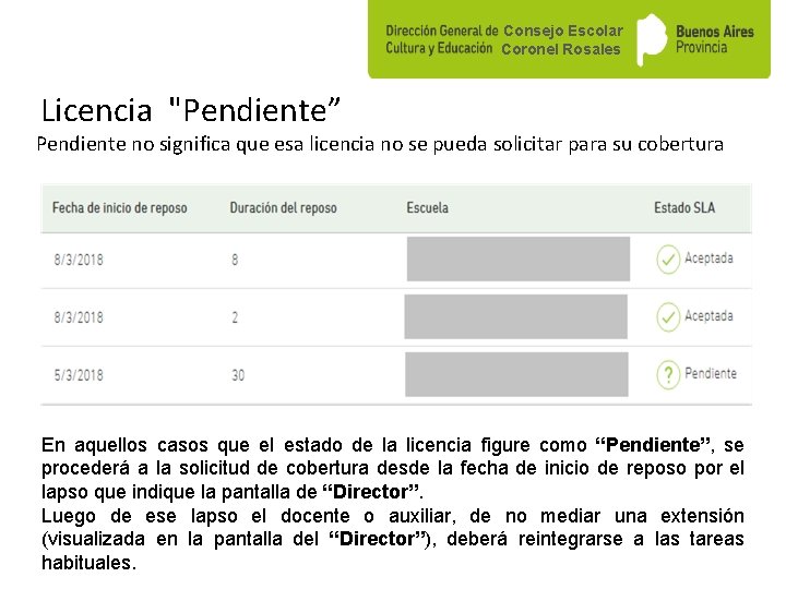 Consejo Escolar Coronel Rosales Licencia "Pendiente” Pendiente no significa que esa licencia no se