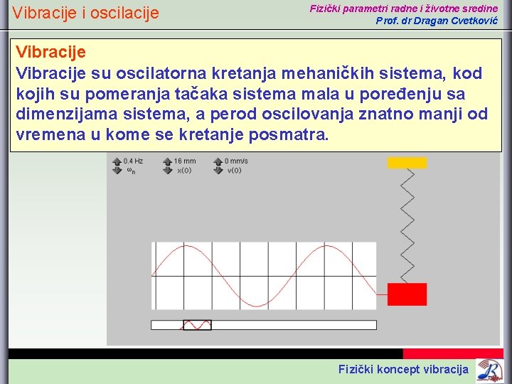 Vibracije i oscilacije Fizički parametri radne i životne sredine Prof. dr Dragan Cvetković Vibracije