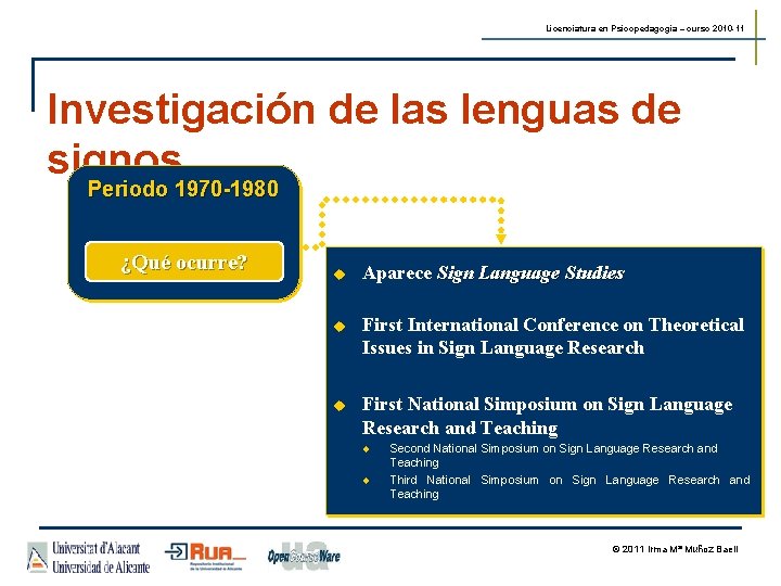 Licenciatura en Psicopedagogía – curso 2010 -11 Investigación de las lenguas de signos Periodo