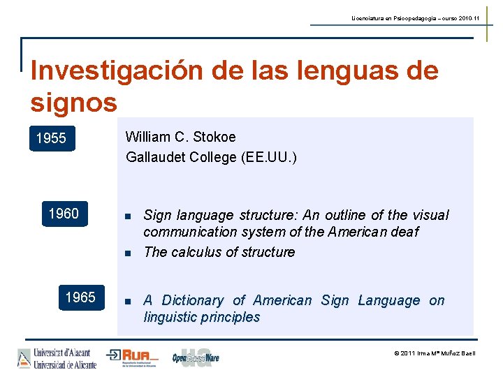 Licenciatura en Psicopedagogía – curso 2010 -11 Investigación de las lenguas de signos 1955