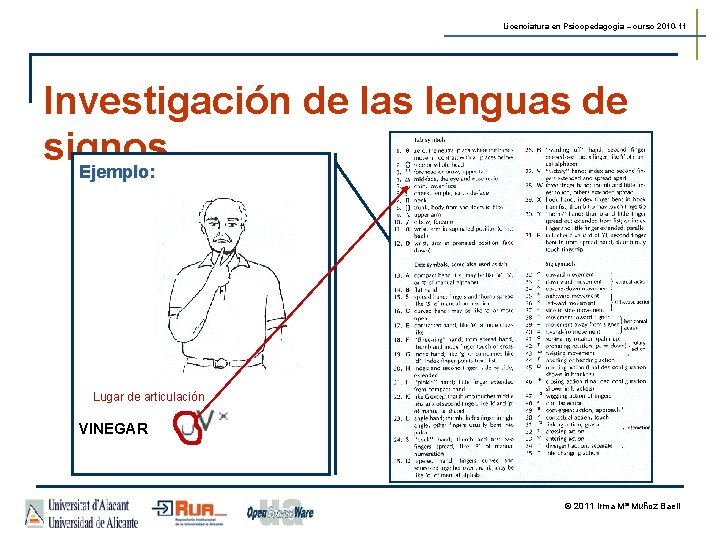 Licenciatura en Psicopedagogía – curso 2010 -11 Investigación de las lenguas de signos Ejemplo: