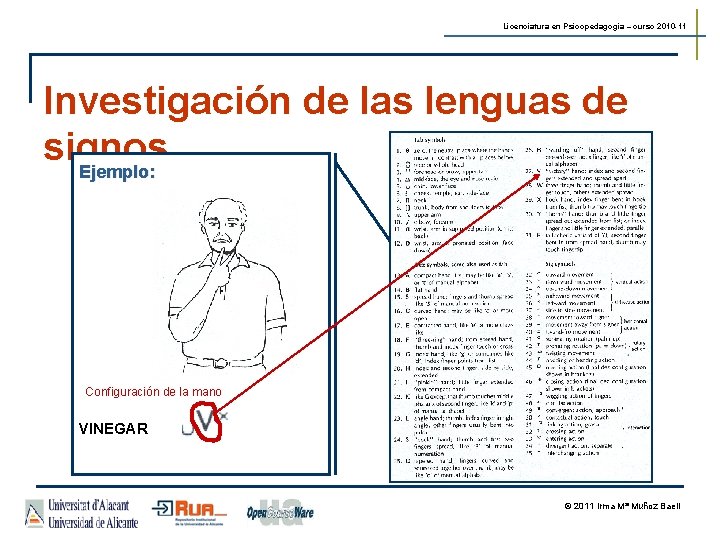 Licenciatura en Psicopedagogía – curso 2010 -11 Investigación de las lenguas de signos Ejemplo: