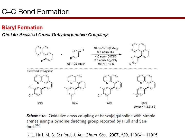 C–C Bond Formation Biaryl Formation Chelate-Assisted Cross-Dehydrogenative Couplings K. L. Hull, M. S. Sanford,