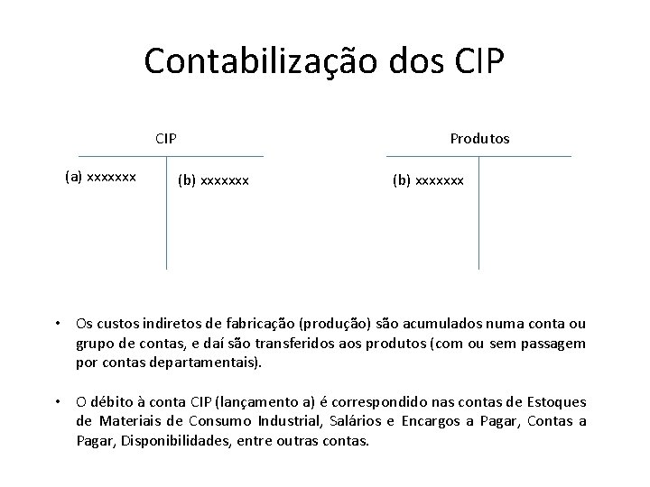 Contabilização dos CIP (a) xxxxxxx Produtos (b) xxxxxxx • Os custos indiretos de fabricação