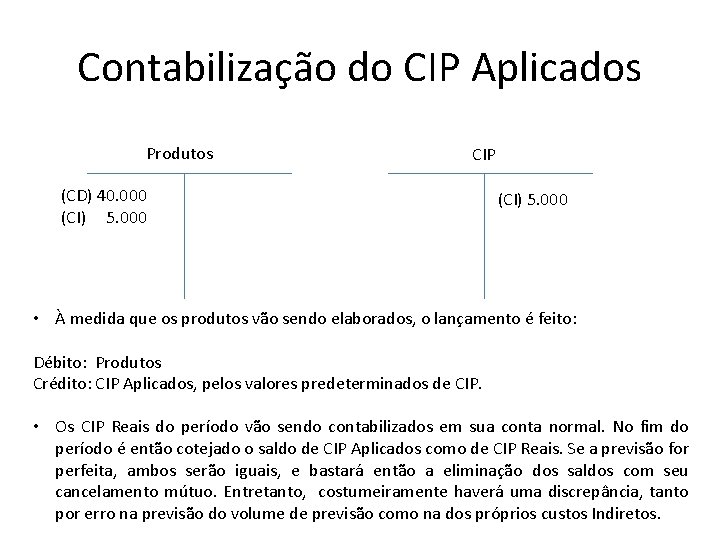 Contabilização do CIP Aplicados Produtos CIP (CD) 40. 000 (CI) 5. 000 • À