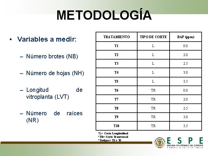 METODOLOGÍA • Variables a medir: – Número brotes (NB) – Número de hojas (NH)