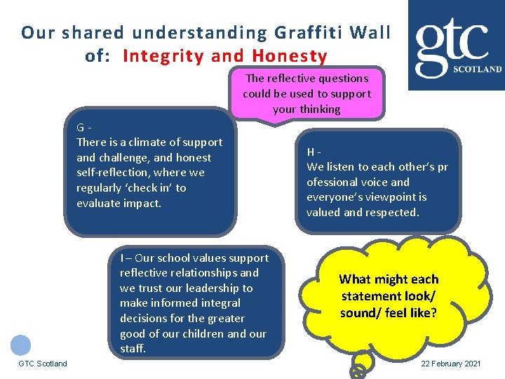Our shared understanding Graffiti Wall of: Integrity and Honesty The reflective questions could be