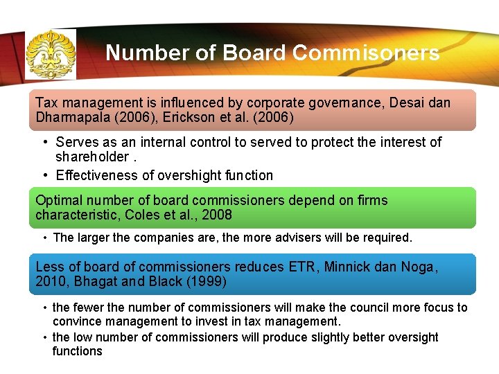 Number of Board Commisoners Tax management is influenced by corporate governance, Desai dan Dharmapala