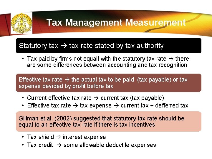 Tax Management Measurement Statutory tax rate stated by tax authority • Tax paid by