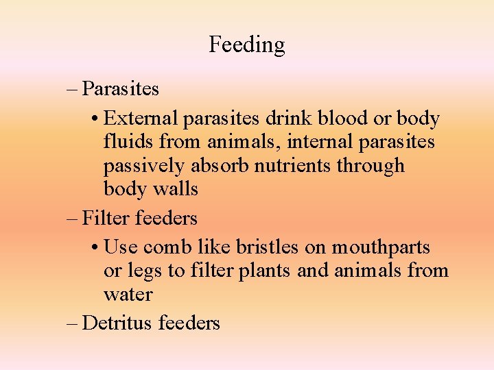 Feeding – Parasites • External parasites drink blood or body fluids from animals, internal