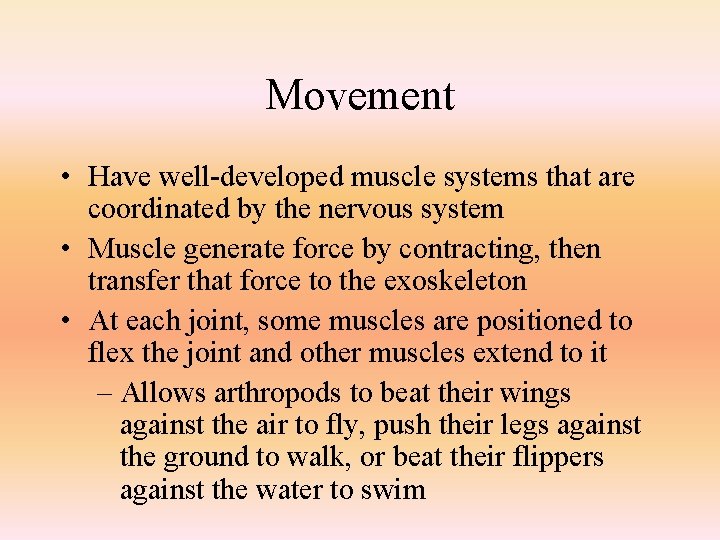 Movement • Have well-developed muscle systems that are coordinated by the nervous system •