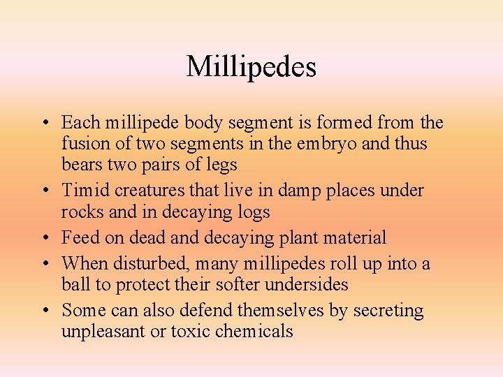 Millipedes • Each millipede body segment is formed from the fusion of two segments
