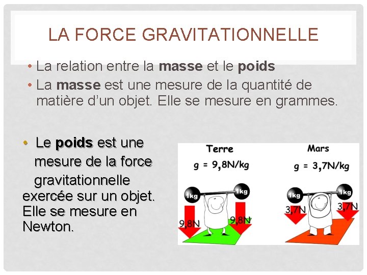 LA FORCE GRAVITATIONNELLE • La relation entre la masse et le poids • La LA FORCE GRAVITATIONNELLE • La relation entre la masse et le poids • La