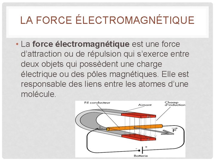 LA FORCE ÉLECTROMAGNÉTIQUE • La force électromagnétique est une force d’attraction ou de répulsion LA FORCE ÉLECTROMAGNÉTIQUE • La force électromagnétique est une force d’attraction ou de répulsion