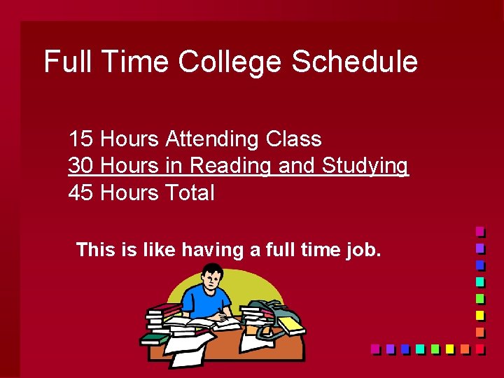 Full Time College Schedule 15 Hours Attending Class 30 Hours in Reading and Studying