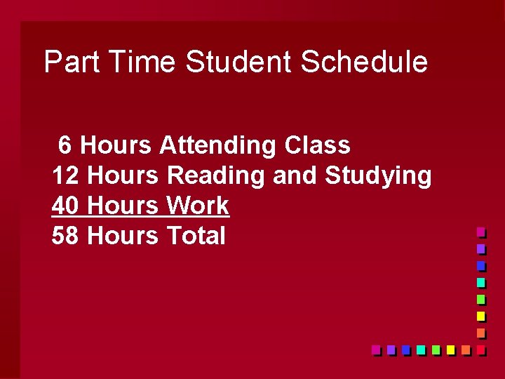 Part Time Student Schedule 6 Hours Attending Class 12 Hours Reading and Studying 40