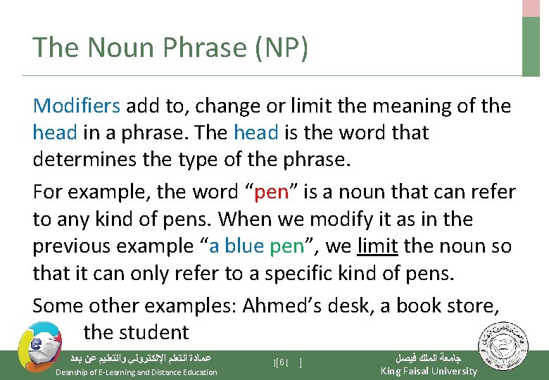 The Noun Phrase (NP) Modifiers add to, change or limit the meaning of the