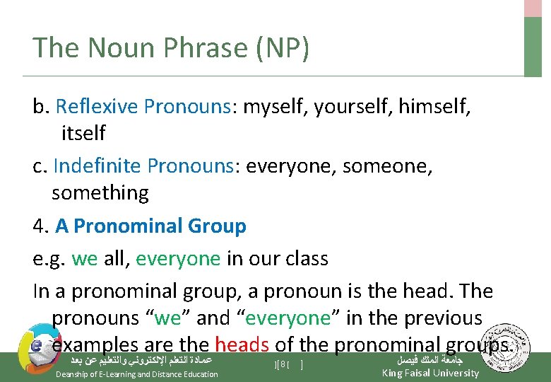 The Noun Phrase (NP) b. Reflexive Pronouns: myself, yourself, himself, itself c. Indefinite Pronouns: