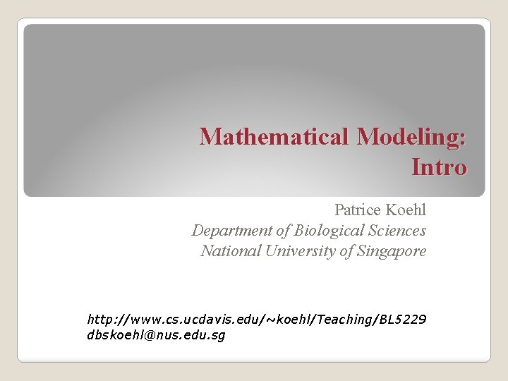 Mathematical Modeling: Intro Patrice Koehl Department of Biological Sciences National University of Singapore http: