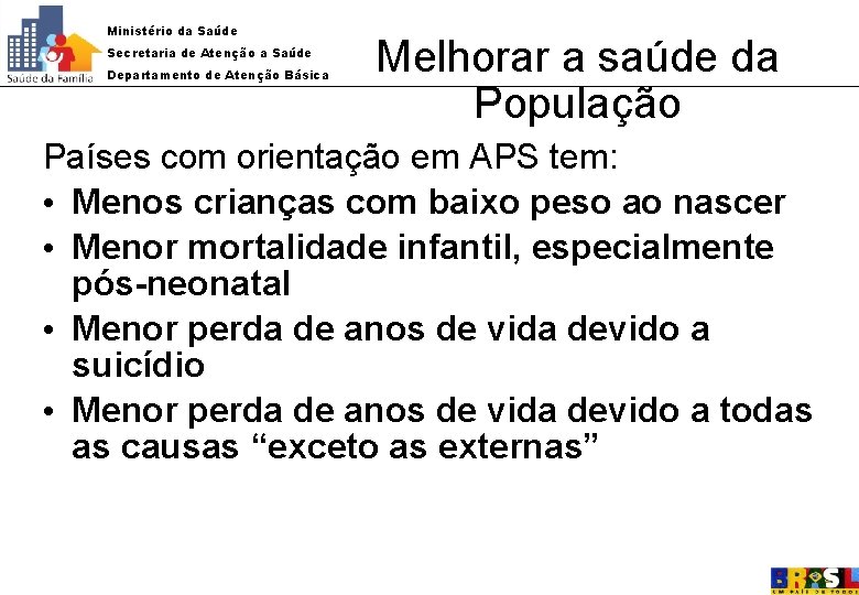 Ministério da Saúde Secretaria de Atenção a Saúde Departamento de Atenção Básica Melhorar a