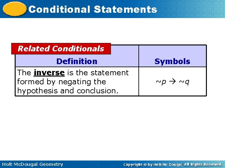 Conditional Statements Related Conditionals Definition The inverse is the statement formed by negating the