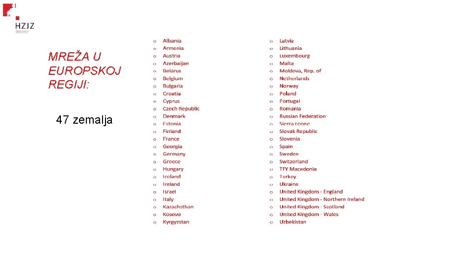 MREŽA U EUROPSKOJ REGIJI: 47 zemalja MREŽA U EUROPSKOJ REGIJI: 47 zemalja