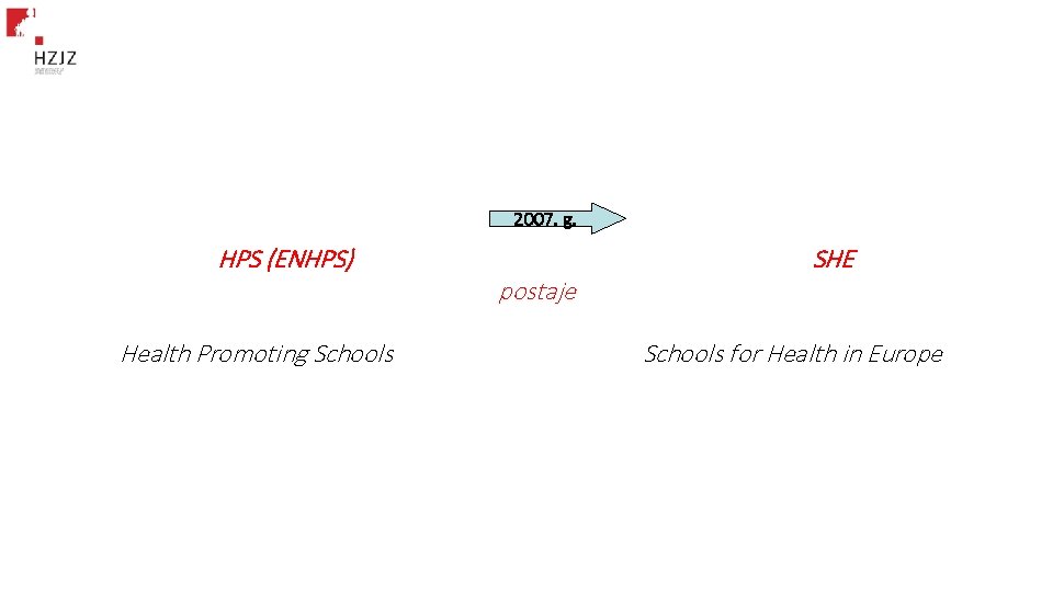 2007. g. HPS (ENHPS) Health Promoting Schools postaje SHE Schools for Health in Europe 2007. g. HPS (ENHPS) Health Promoting Schools postaje SHE Schools for Health in Europe