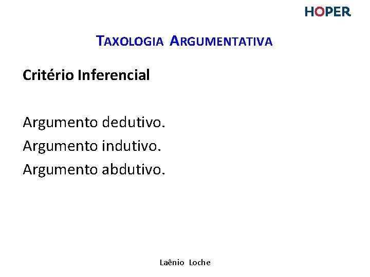 TAXOLOGIA ARGUMENTATIVA Critério Inferencial Argumento dedutivo. Argumento indutivo. Argumento abdutivo. Laênio Loche TAXOLOGIA ARGUMENTATIVA Critério Inferencial Argumento dedutivo. Argumento indutivo. Argumento abdutivo. Laênio Loche