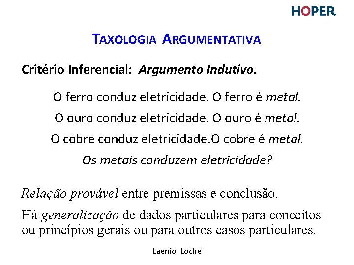TAXOLOGIA ARGUMENTATIVA Critério Inferencial: Argumento Indutivo. O ferro conduz eletricidade. O ferro é metal. TAXOLOGIA ARGUMENTATIVA Critério Inferencial: Argumento Indutivo. O ferro conduz eletricidade. O ferro é metal.