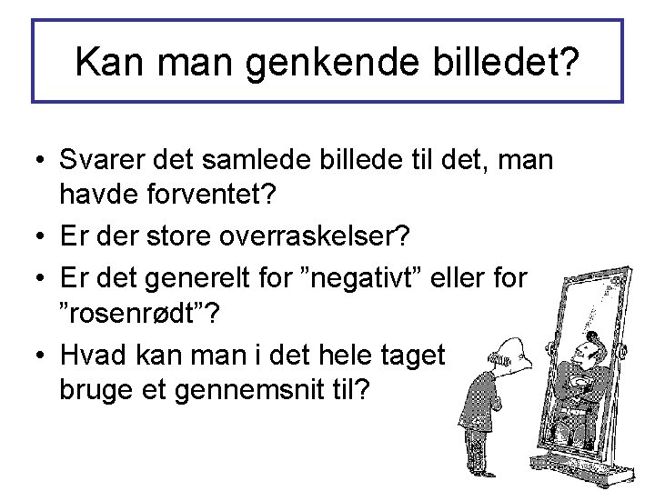 Kan man genkende billedet? • Svarer det samlede billede til det, man havde forventet?