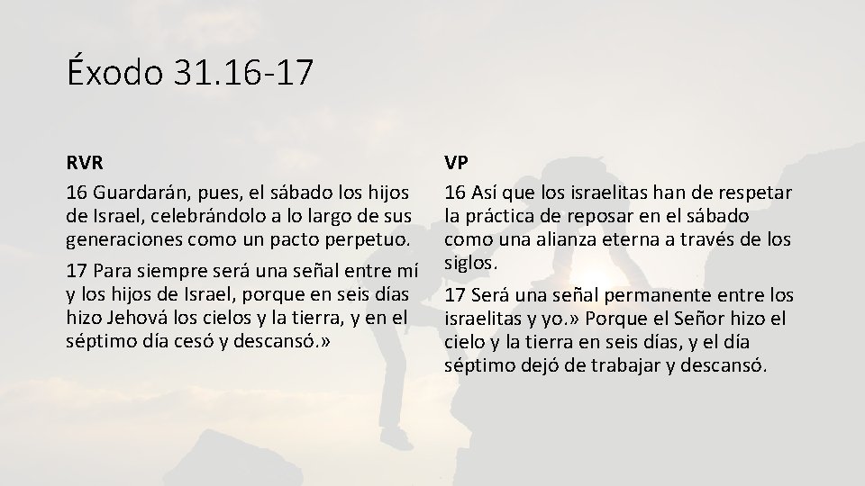 Éxodo 31. 16 -17 RVR 16 Guardarán, pues, el sábado los hijos de Israel,