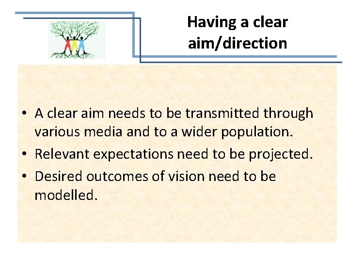 Having a clear aim/direction • A clear aim needs to be transmitted through various