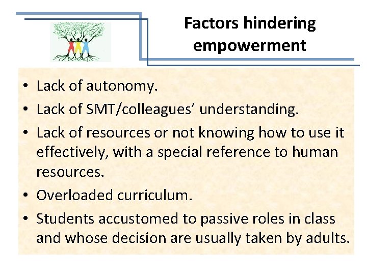 Factors hindering empowerment • Lack of autonomy. • Lack of SMT/colleagues’ understanding. • Lack