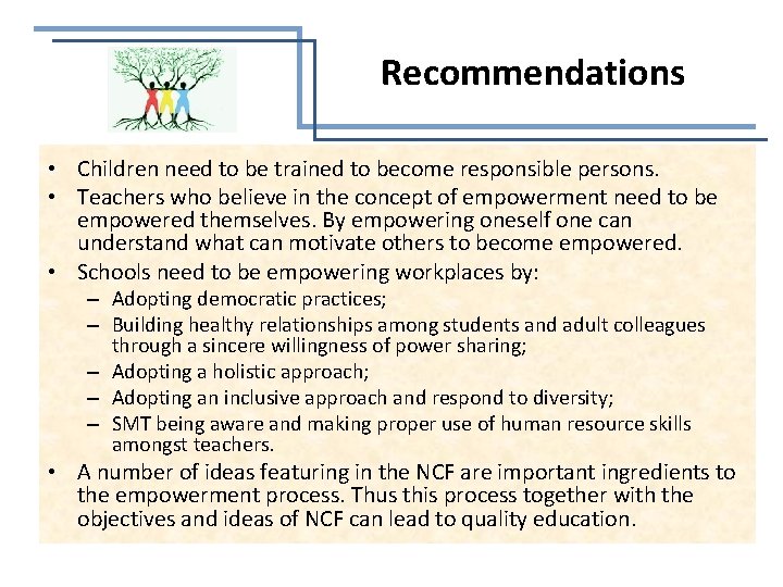 Recommendations • Children need to be trained to become responsible persons. • Teachers who