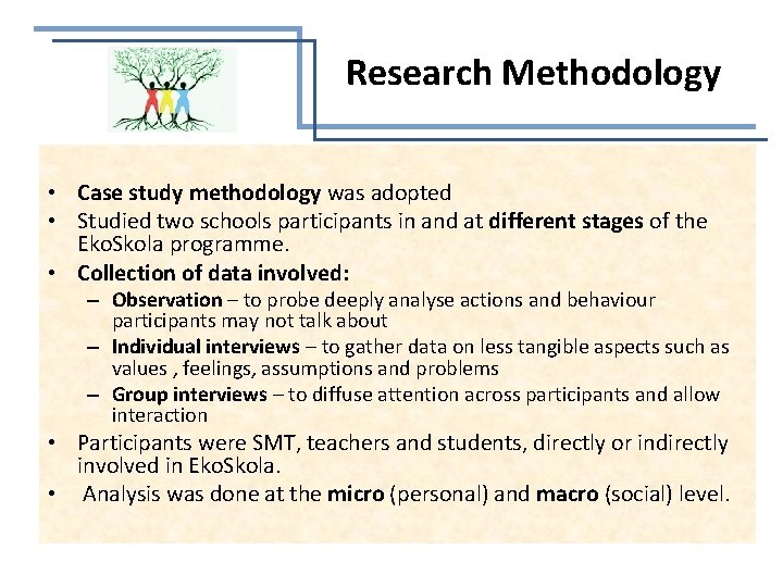 Research Methodology • Case study methodology was adopted • Studied two schools participants in