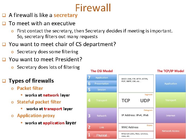 Firewall q A firewall is like a secretary q To meet with an executive