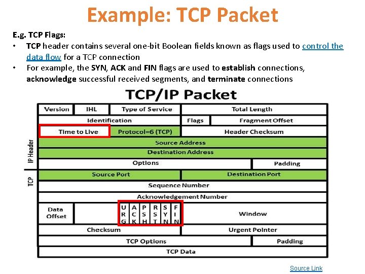 Example: TCP Packet E. g. TCP Flags: • TCP header contains several one-bit Boolean