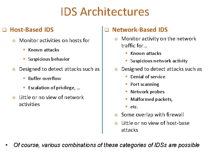 IDS Architectures q Host-Based IDS o Monitor activities on hosts for § Known attacks